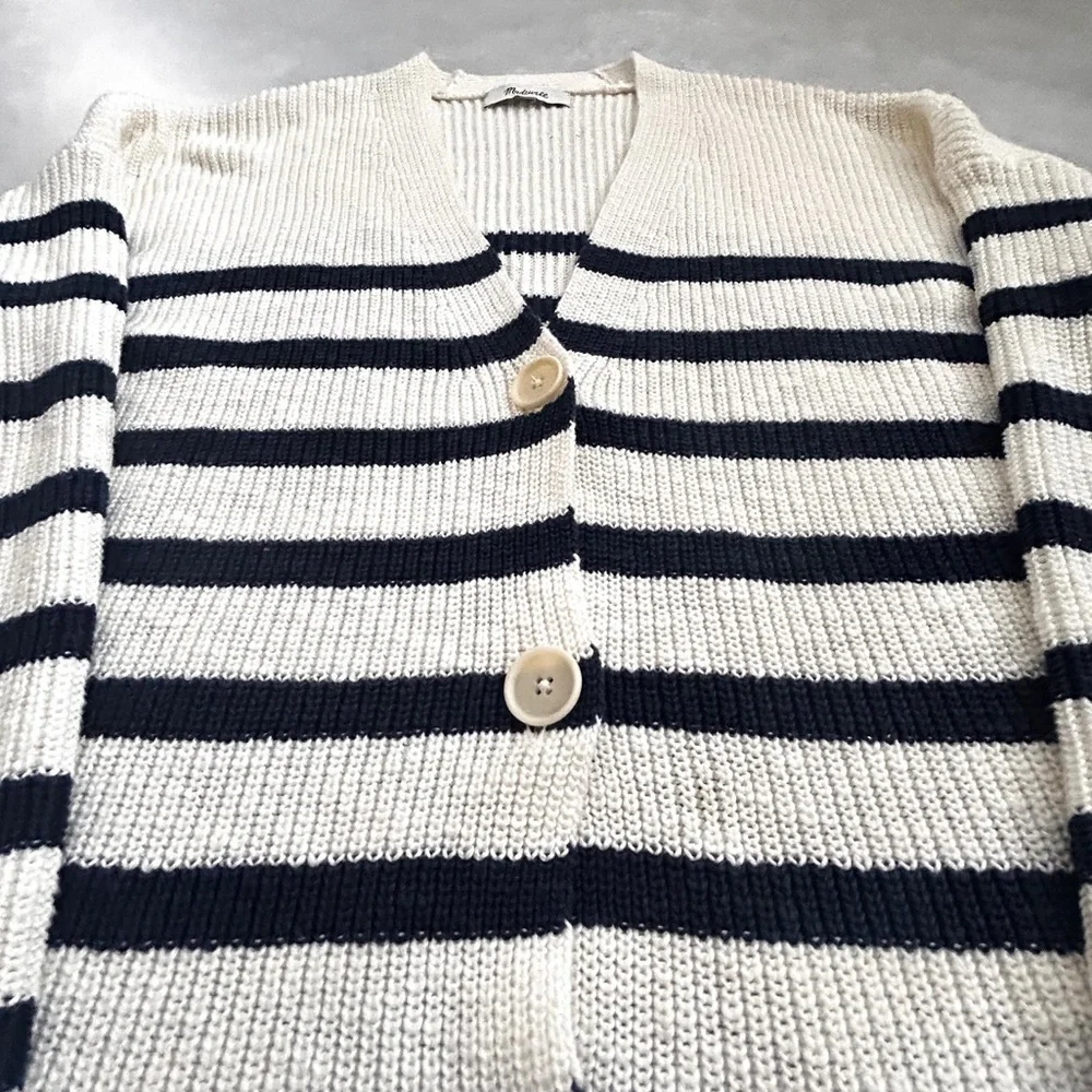 Madewell Striped V-Neck Button Front Cotton Cardigan | Small | Navy & Cream